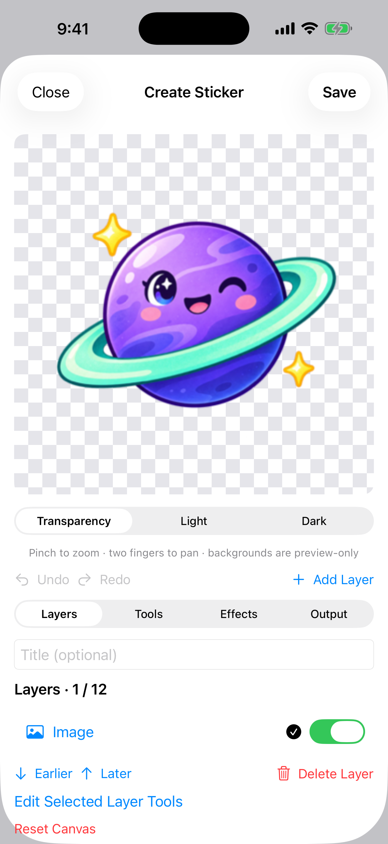 Editor screenshot showing the planet sticker on a transparency preview