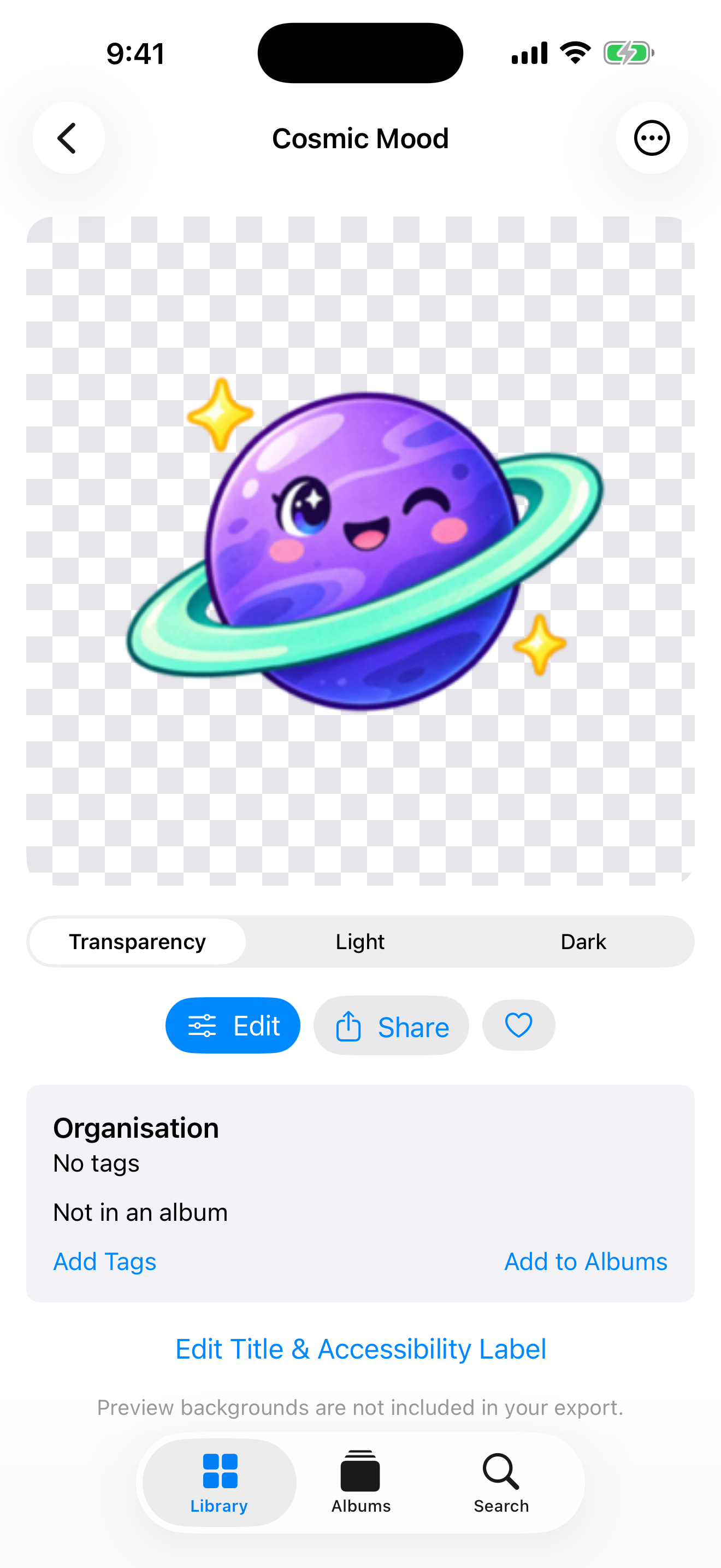 Actual sticker detail screen with Edit, Share, favourite, tags, and album controls